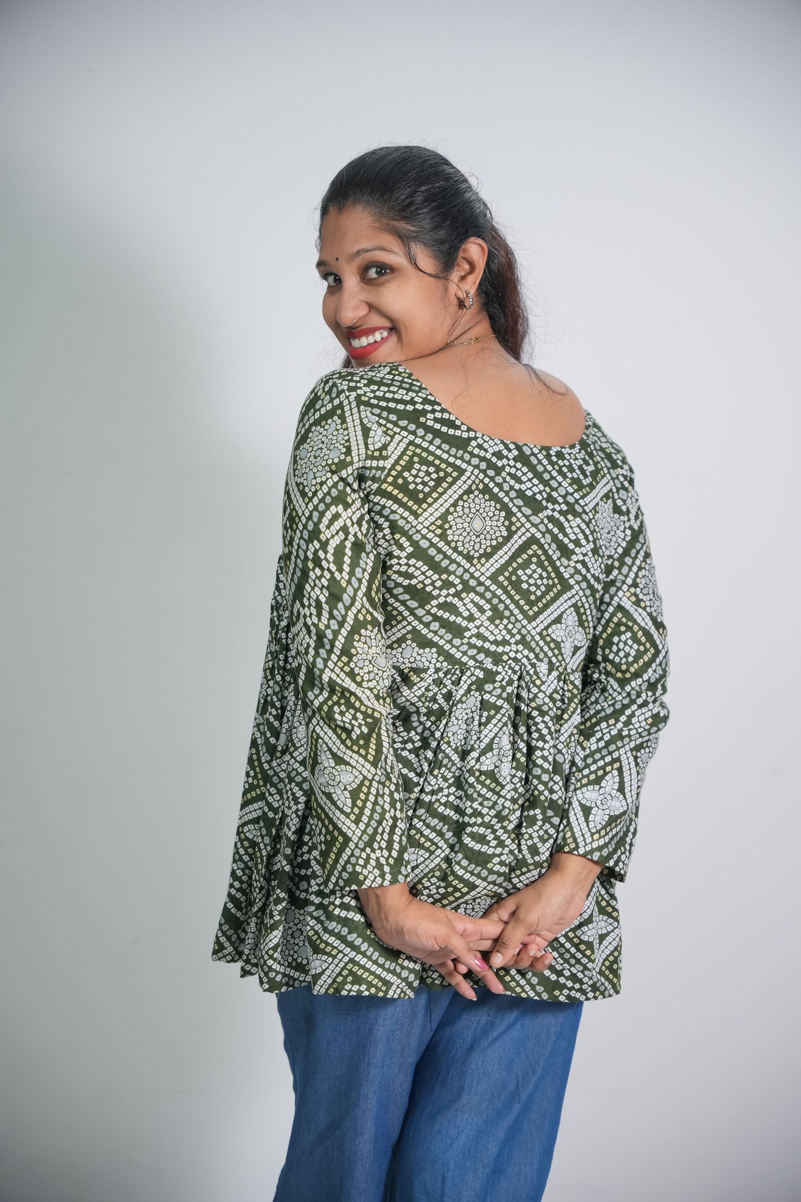 Olive Green Rayon Bandhani Print Short Kurti